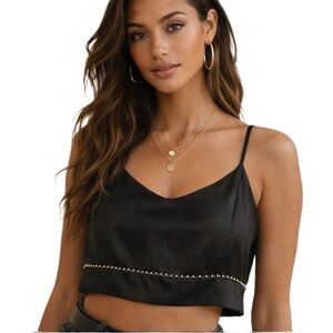 House of Harlow 1960 Black Satin V-Neck Studded Spaghetti Strap Crop Top